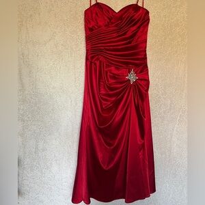 Cinderella Red Satin Prom Gown with Rhinestone Brooch